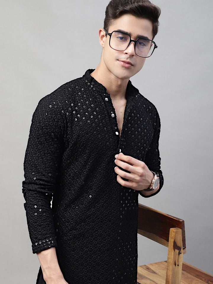 Jompers Floral Embroidered Mandarin Collar Sequinned Pure Cotton Kurta