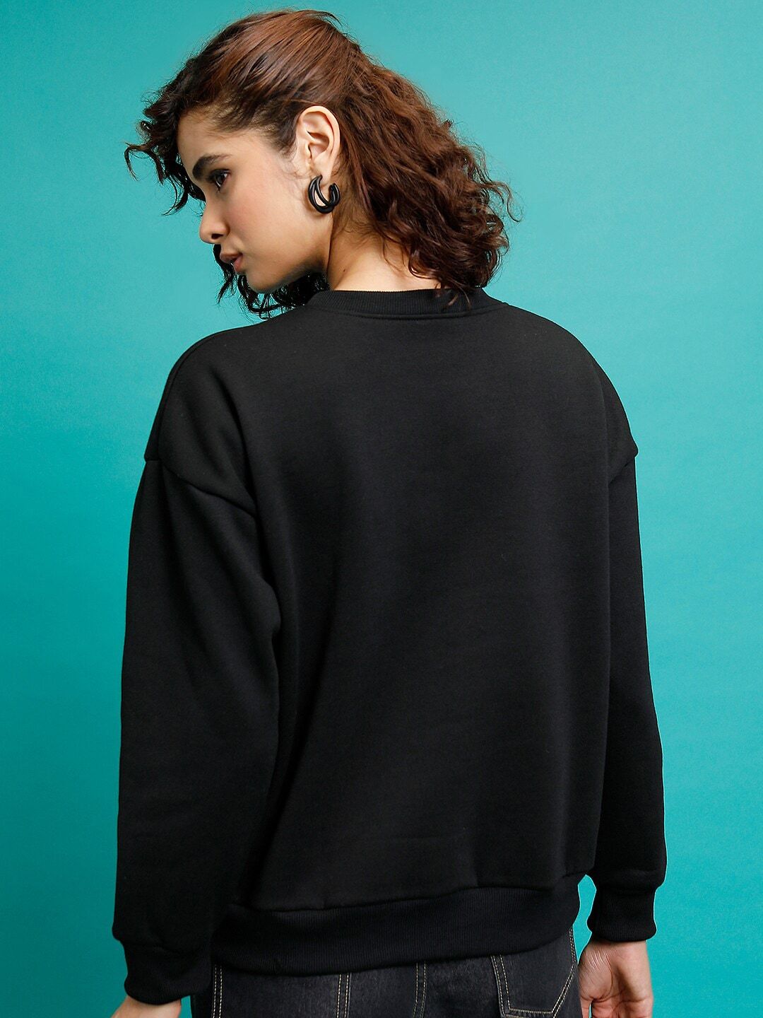 Tokyo Talkies Black Graphic Printed Round Neck Oversized Pullover Sweatshirt