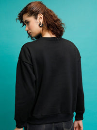Tokyo Talkies Black Graphic Printed Round Neck Oversized Pullover Sweatshirt
