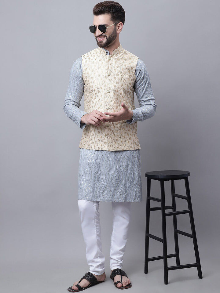 SOJANYA Men Embroidered Pure Cotton Sequinned Kurta With Pyjamas & Nehru Jacket