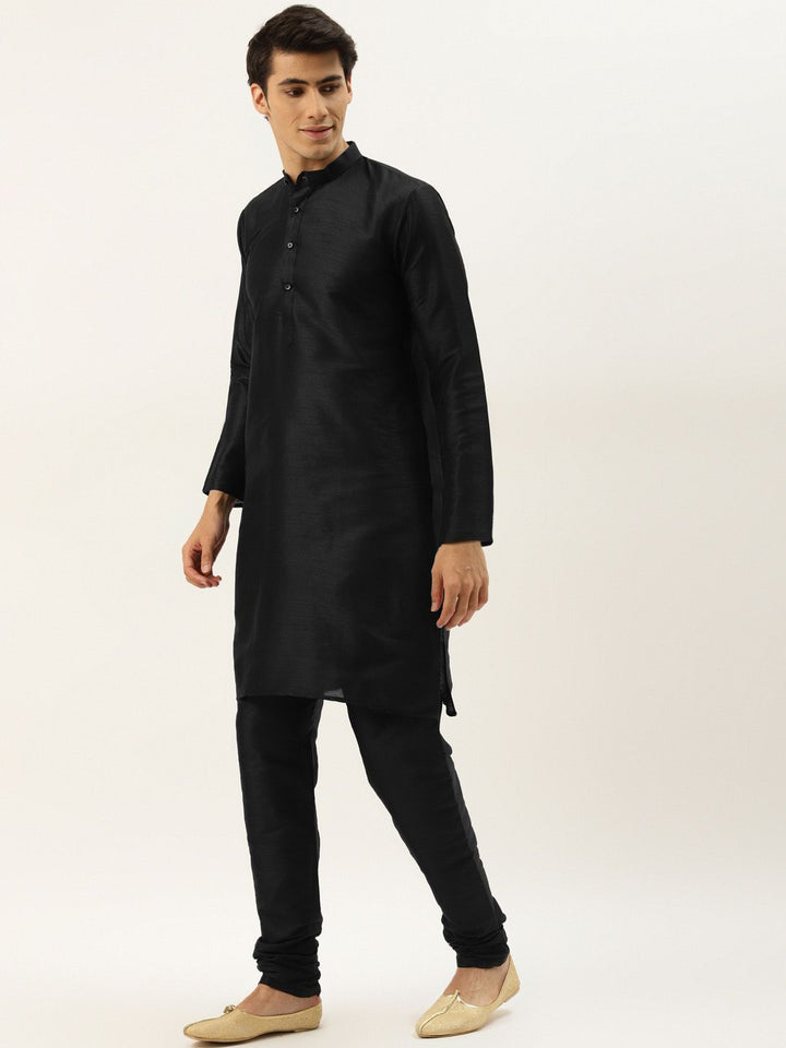 SOJANYA Men Black Solid Kurta Set With Printed Jacket