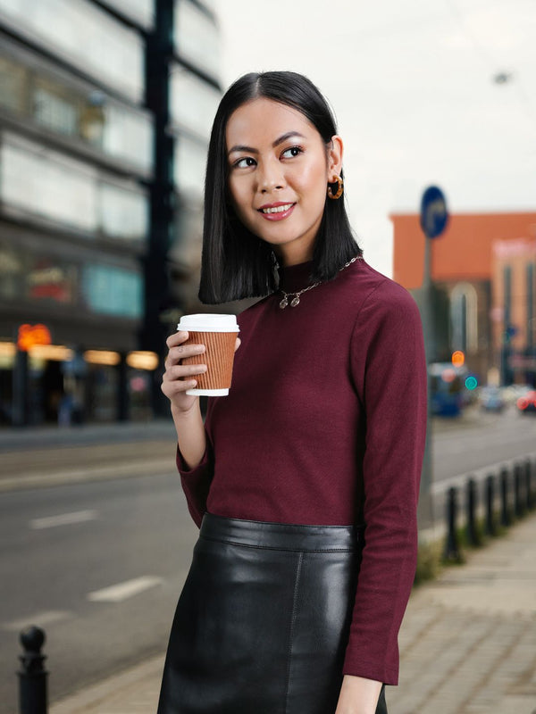 SASSAFRAS Burgundy High Neck Ribbed Top