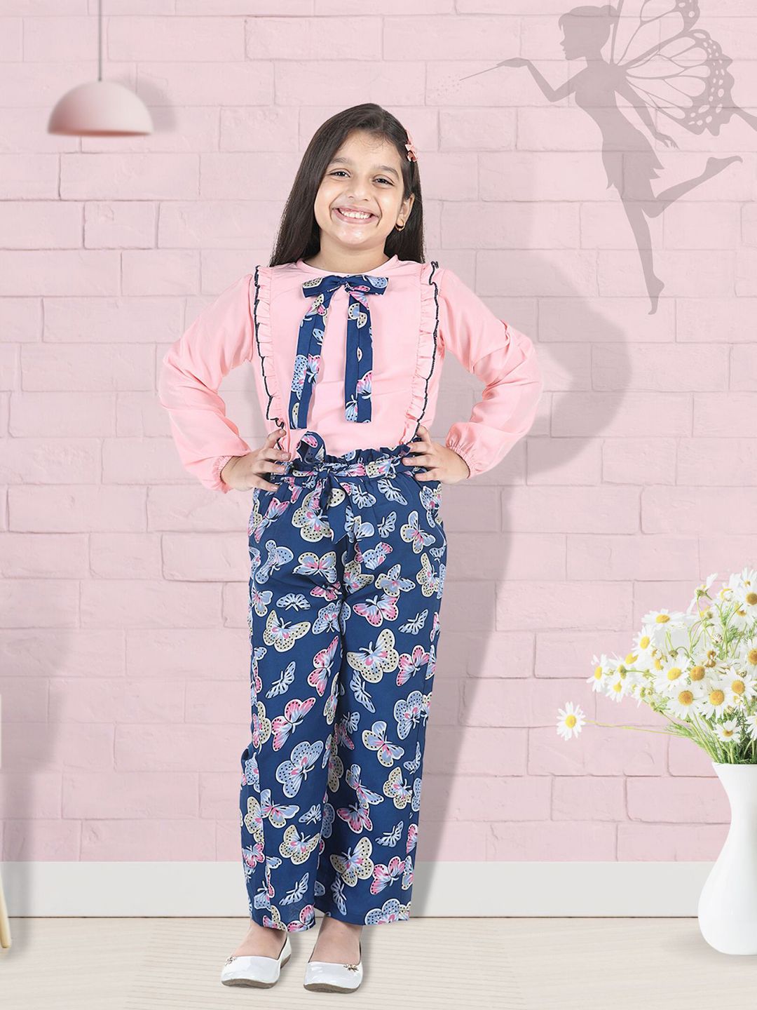 Cutiekins Girls Peach-Coloured & Blue Printed Top with Palazzos