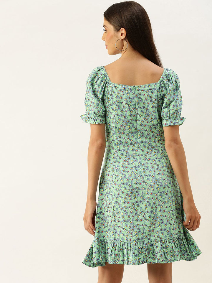 Berrylush Women Green & Blue Floral Printed A-Line Dress with Tie-Up Detail