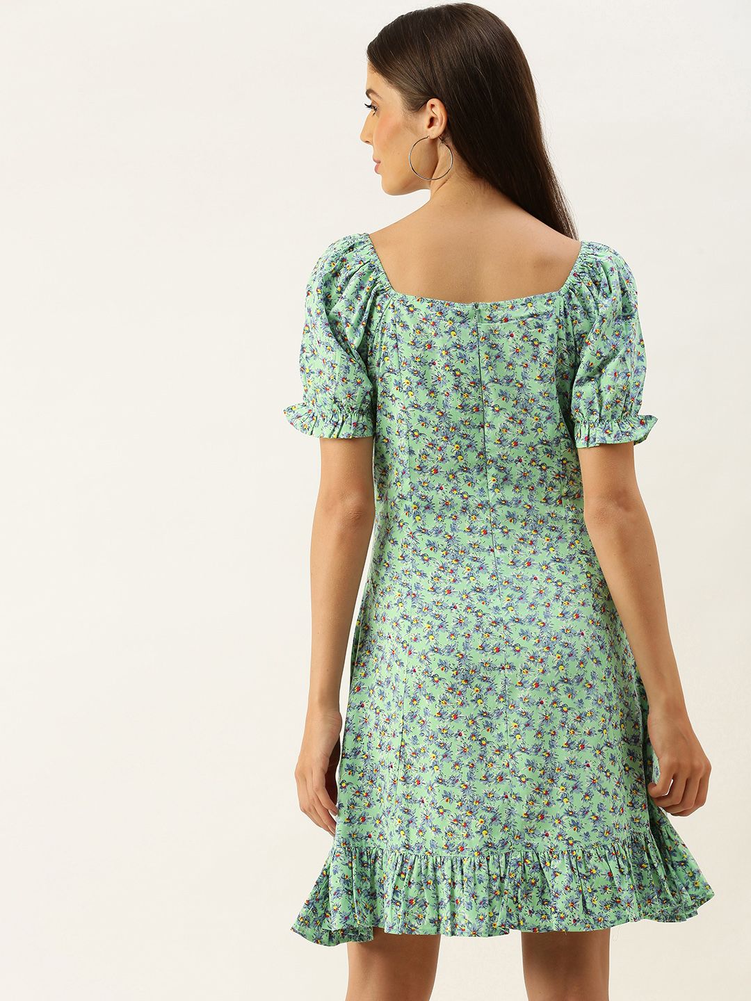 Berrylush Women Green & Blue Floral Printed A-Line Dress with Tie-Up Detail