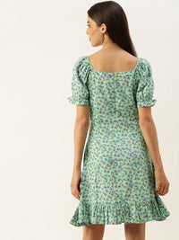 Berrylush Women Green & Blue Floral Printed A-Line Dress with Tie-Up Detail