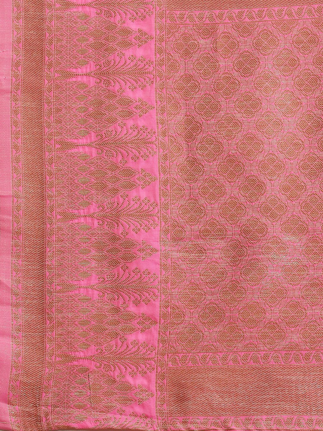 Saree mall Green & Pink Floral Zari Linen Blend Banarasi Sarees