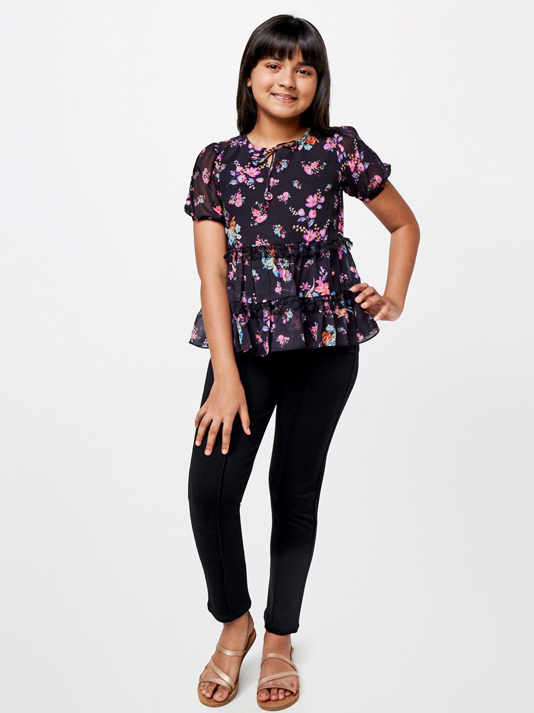 AND Girls Floral Printed Puff Sleeve Tiered Top