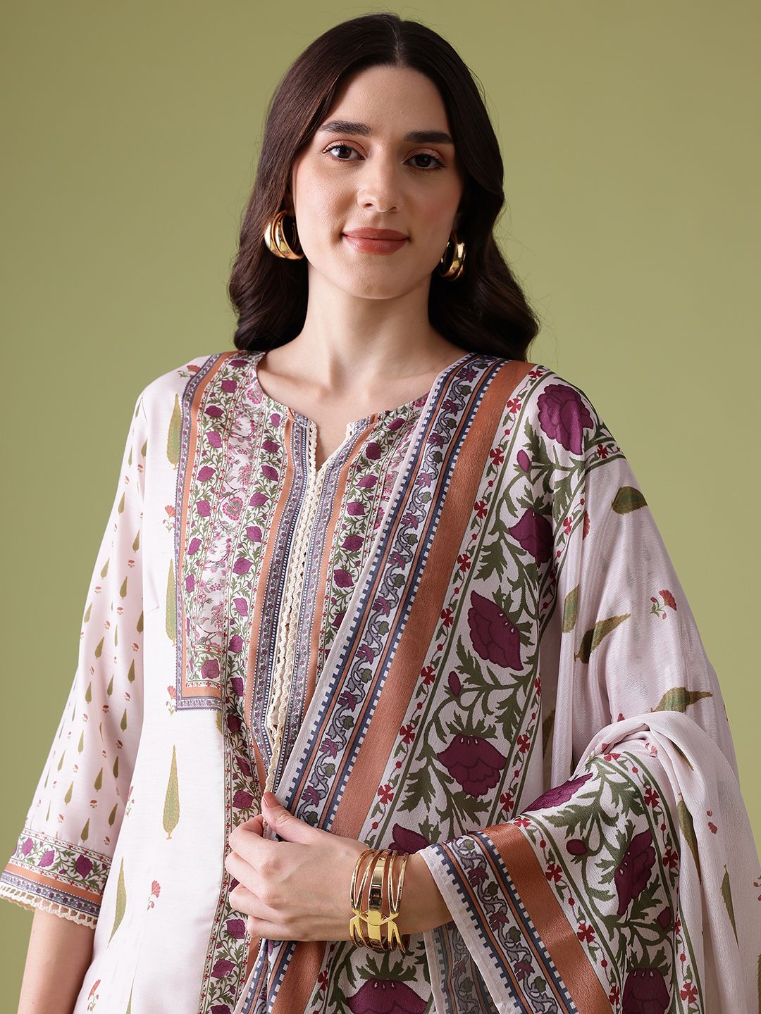 Anouk Floral Printed Pure Cotton Kurta With Trousers & With Dupatta