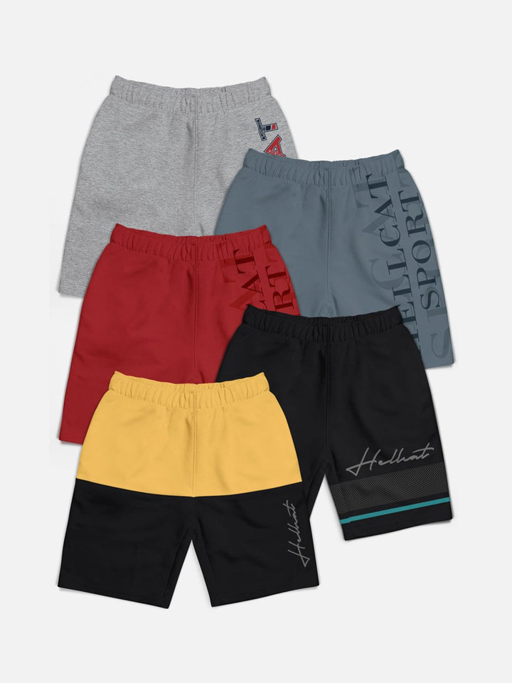 HELLCAT Boys Pack of 5 Typography Printed Cotton Mid-Rise Shorts