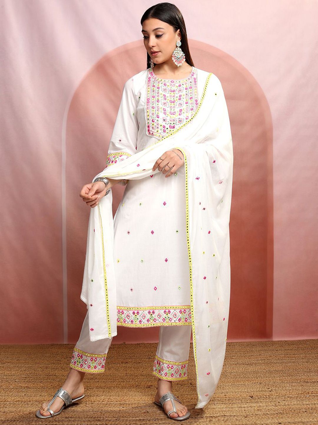 Vishudh Round Neck Ethnic Motifs Embroidered Mirror Work Pure Cotton Straight Kurta Set