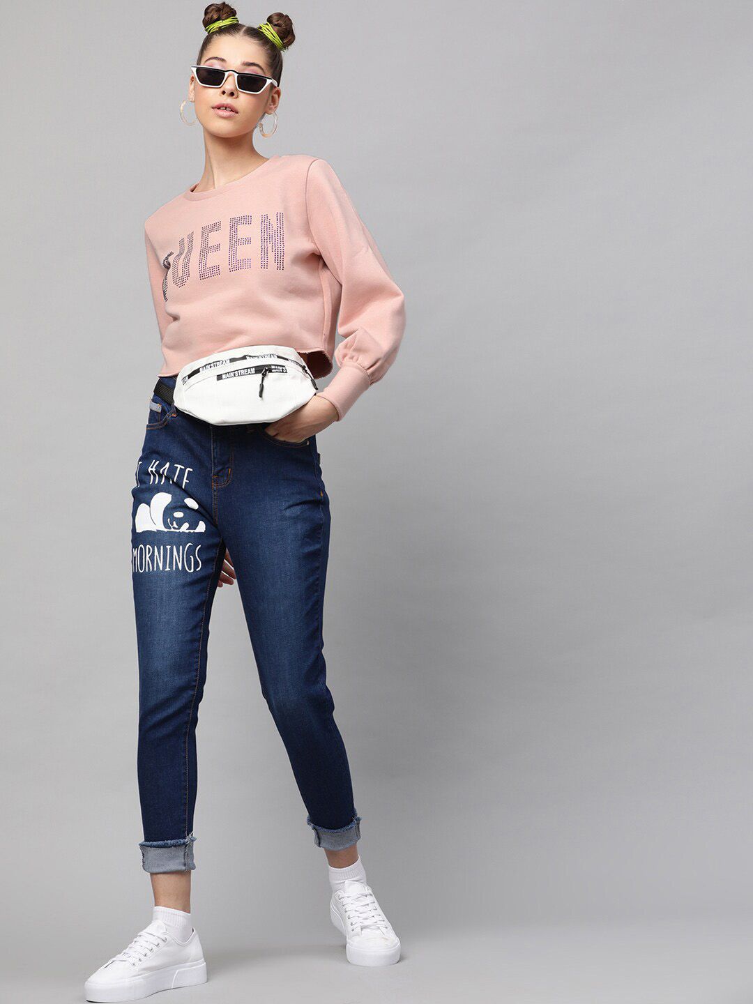STREET 9 Women Pink Printed Pure Cotton Crop Sweatshirt