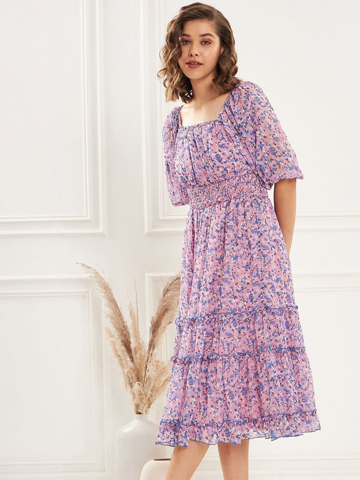 Antheaa Square Neck Floral Printed Tiered Chiffon Fit & Flare Midi Dress