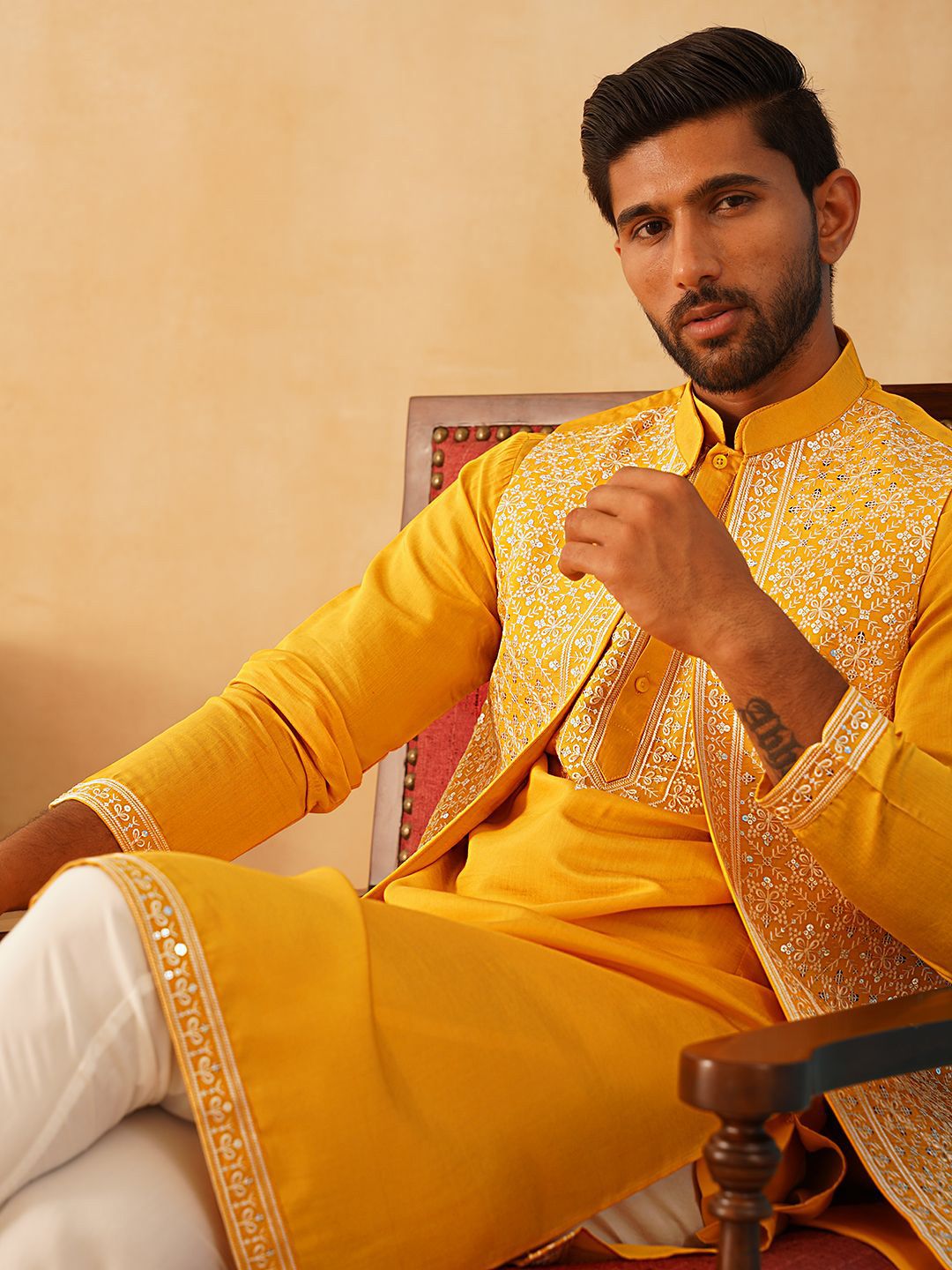 Jompers Floral Yoke Design Sequinned Regular Kurta with Pyjamas & Embroidered Waistcoat