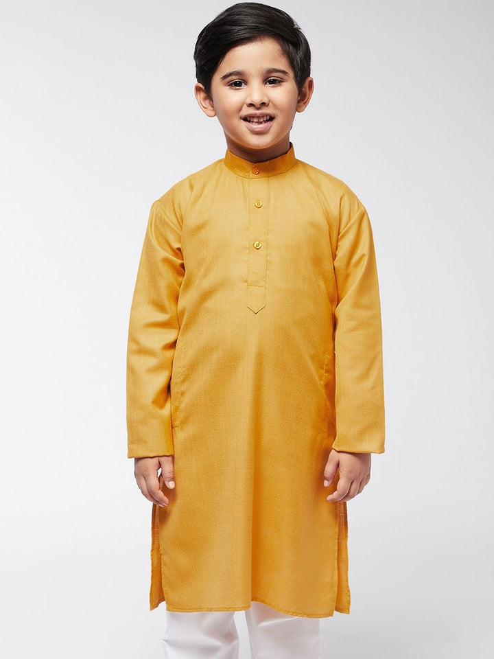 SOJANYA Boys Mustard Yellow Cotton Silk Thread Work Kurta