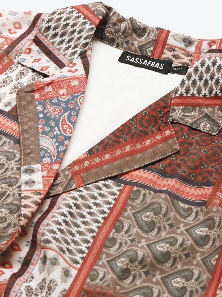 Sassafras Brown & Red Geometric Printed Georgette Wrap Crop Top