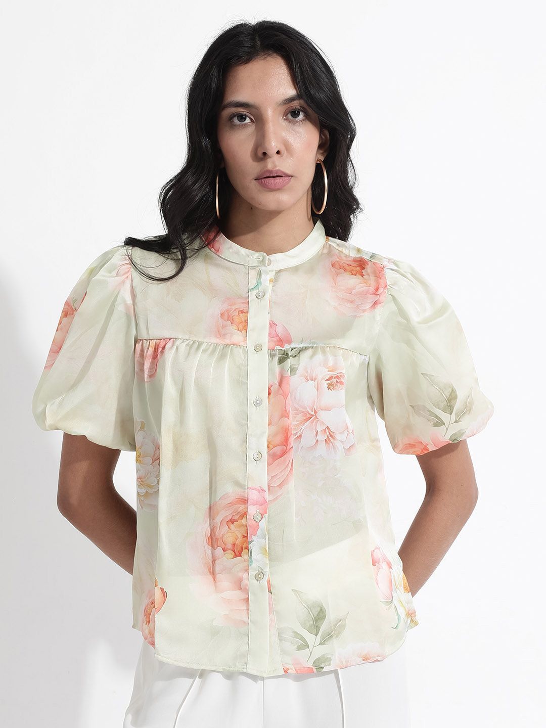 RAREISM Floral Printed Puff Sleeve Cotton Top