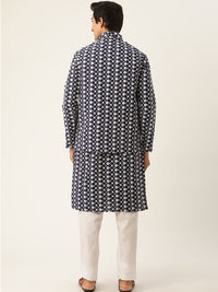 SOJANYA Men Navy Blue & White Woven Design Kurta with Pyjamas & Nehru Jacket