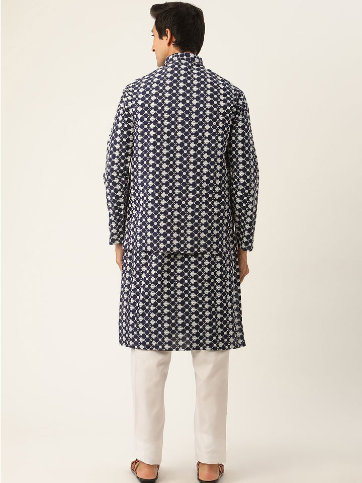 SOJANYA Men Navy Blue & White Woven Design Kurta with Pyjamas & Nehru Jacket