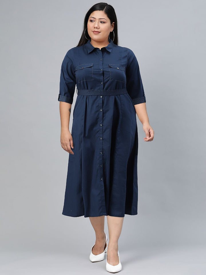 W Women Mandarin Collar Maxi Pure Cotton Dress With Fabric Belt