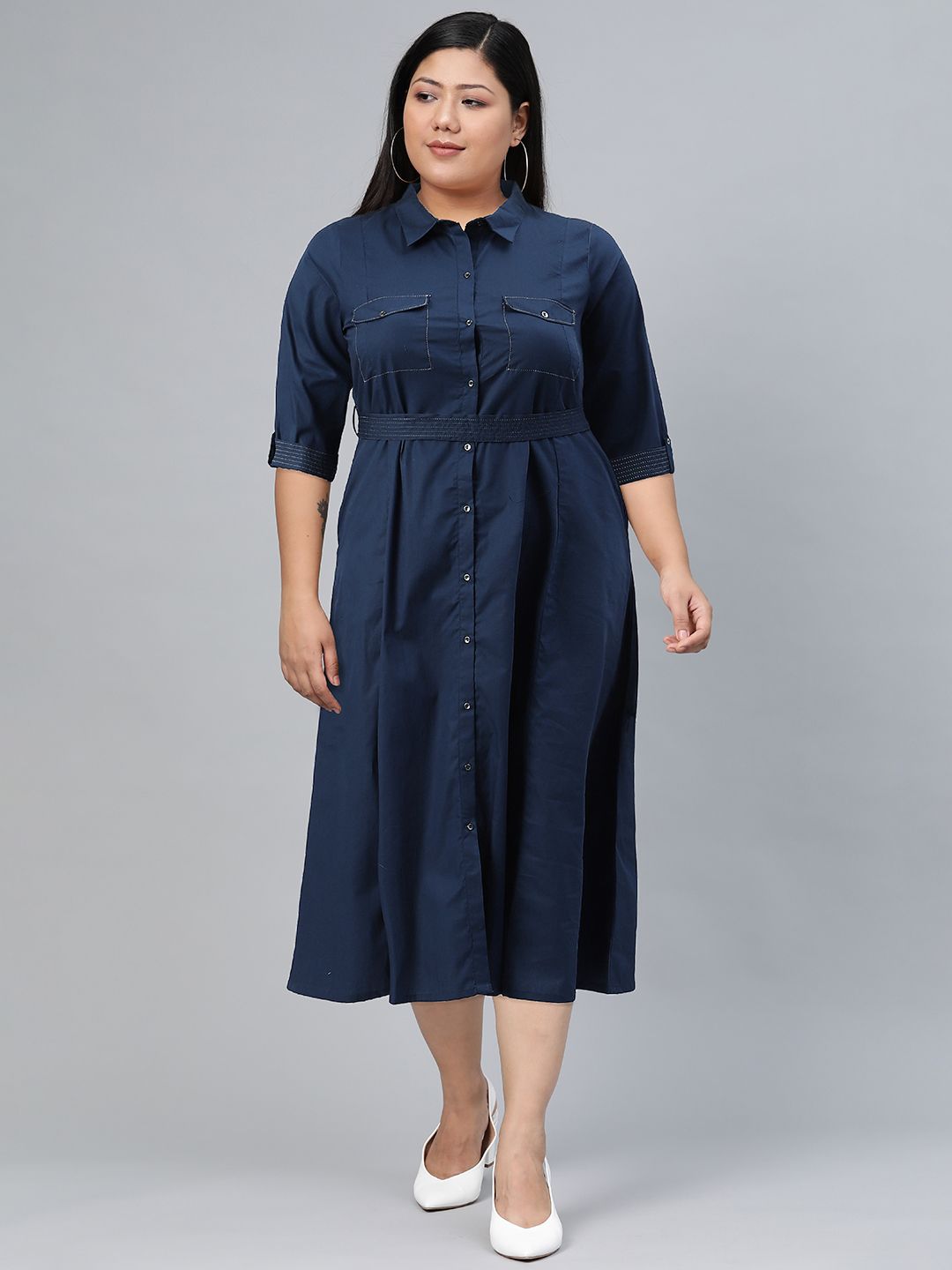 W Women Mandarin Collar Maxi Pure Cotton Dress With Fabric Belt