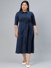 W Women Mandarin Collar Maxi Pure Cotton Dress With Fabric Belt