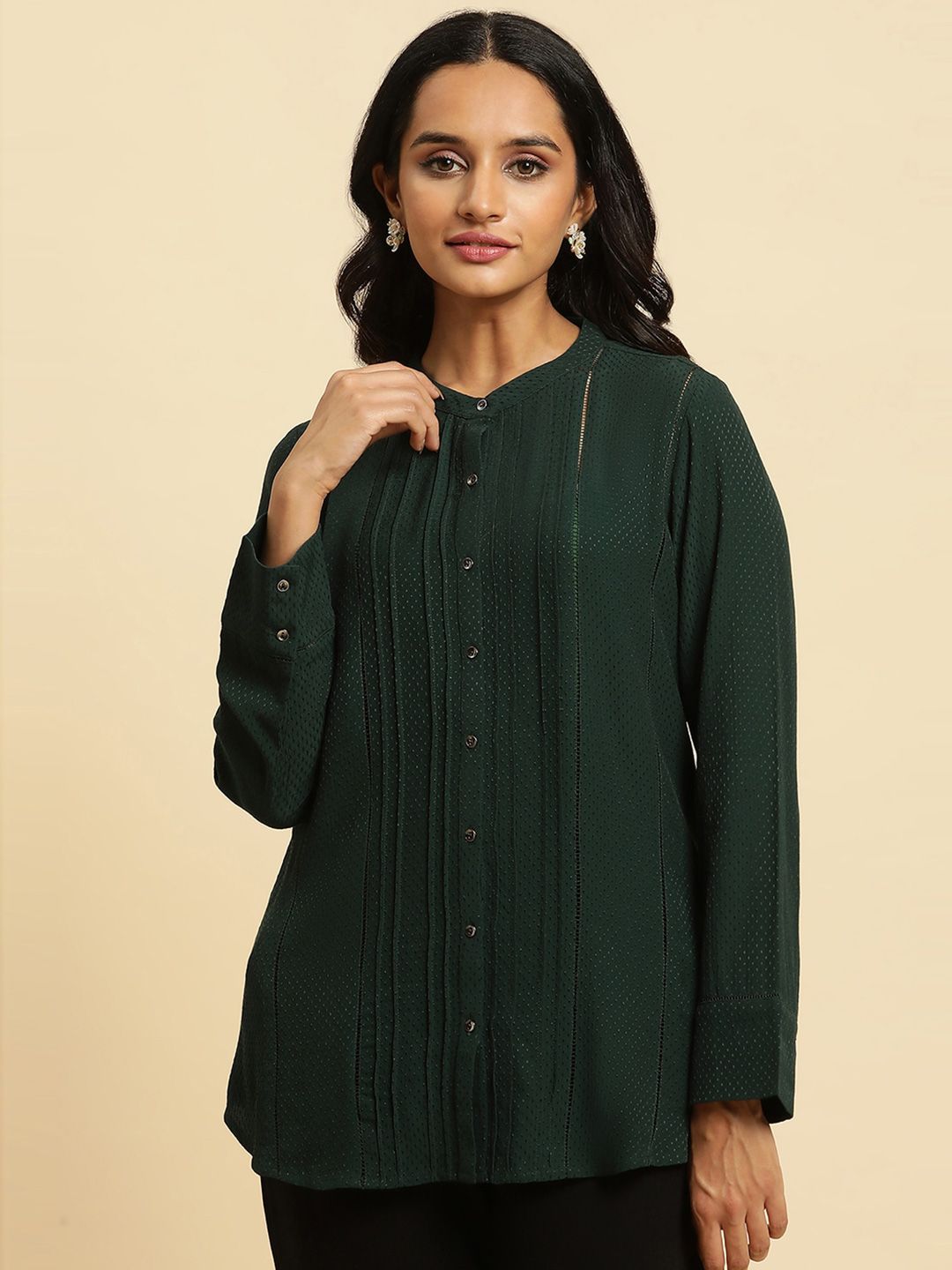 W Green Self Design Mandarin Collar Gathered or Pleated Shirt Style Top