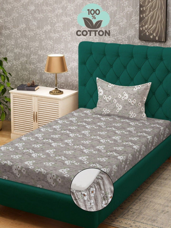 KLOTTHE Grey Printed Pure Cotton 400TC Single Dipasang Cadar & 1 Sarung Bantal