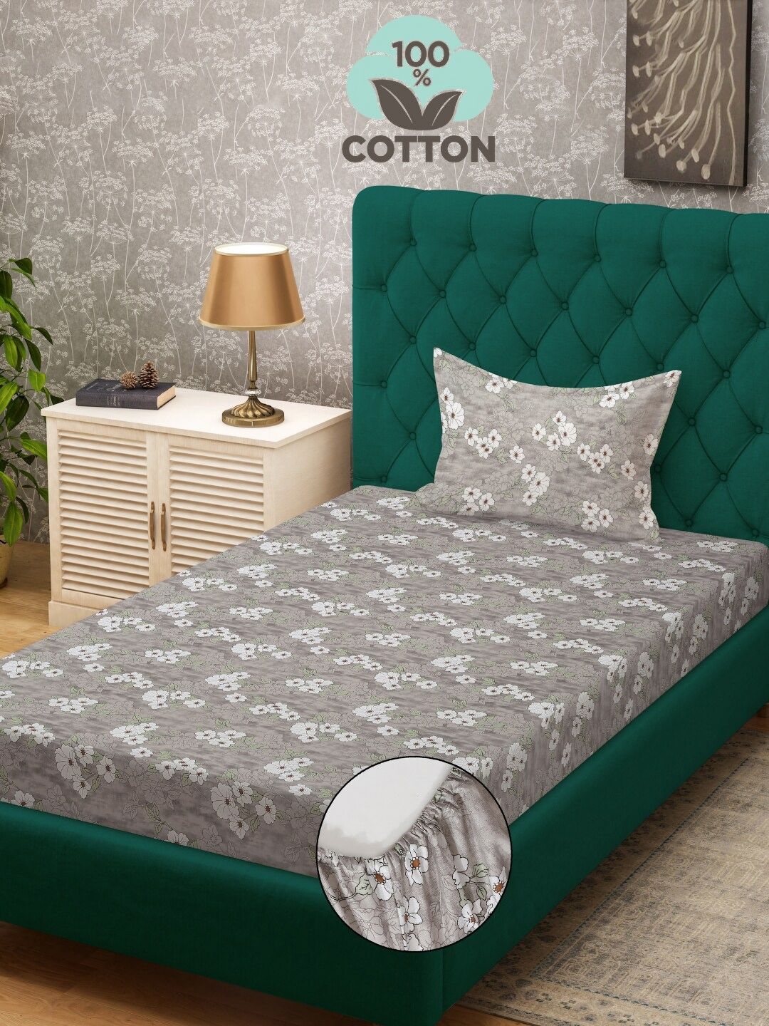 KLOTTHE Grey Printed Pure Cotton 400TC Single Dipasang Cadar & 1 Sarung Bantal