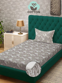 KLOTTHE Grey Printed Pure Cotton 400TC Single Dipasang Cadar & 1 Sarung Bantal