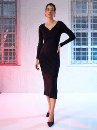 SASSAFRAS Black Sweetheart Neck Long Sleeve Sheath Midi Dress