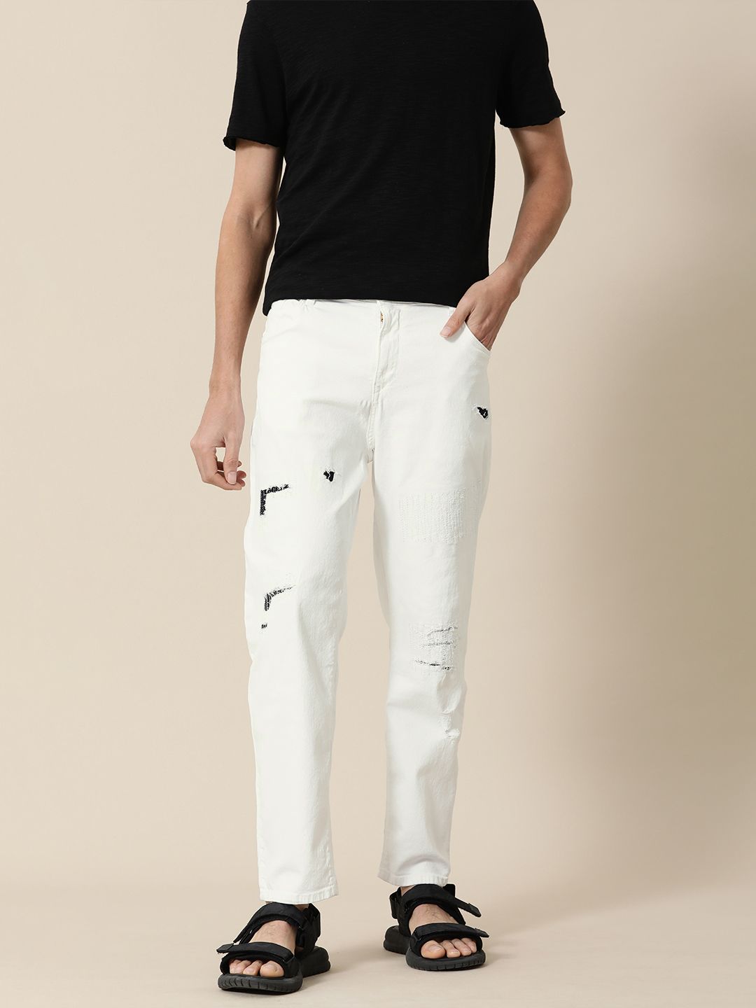 Mr Bowerbird Men White Tapered Fit Low Distress Mid-Rise Stretchable Jeans