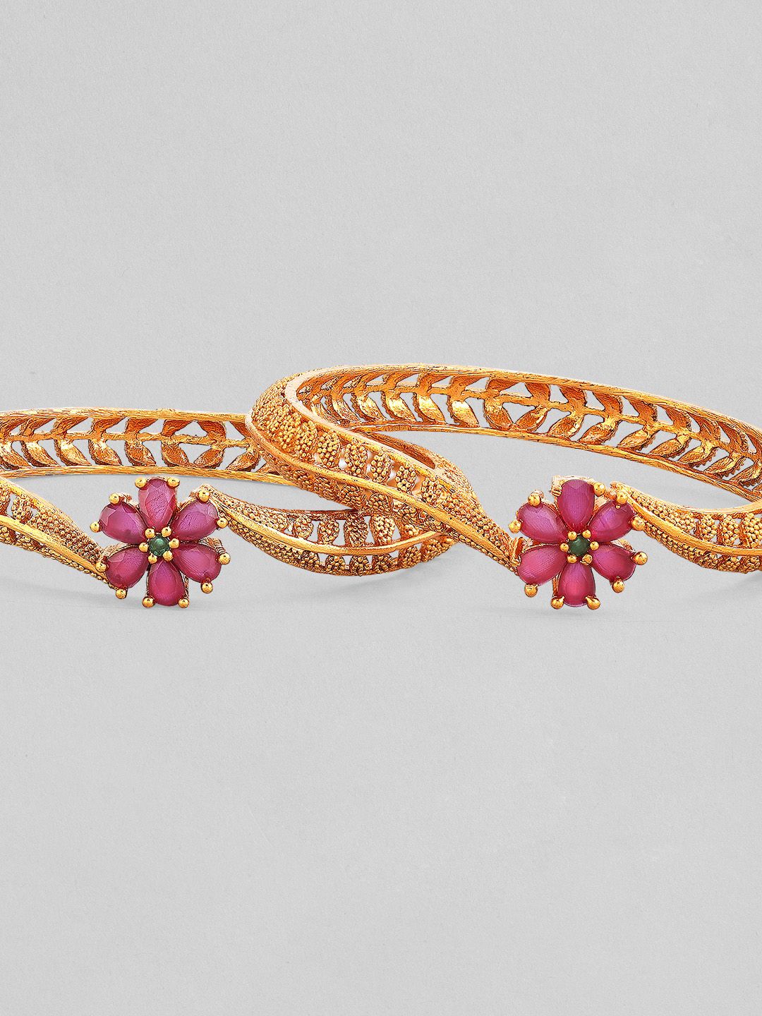 Rubans Set Of 2 Gold-Plated & Pink Stone-Studded Bangles