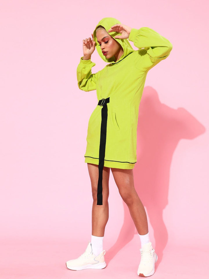 Athena Women Lime Green Hooded Sweatshirt with Belt Detail