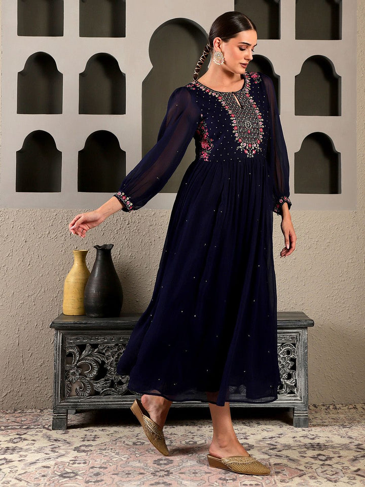 W Floral Embroidered Puff Sleeves Maxi Dress