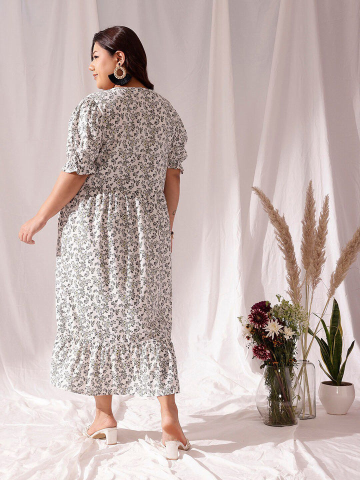 CURVY STREET White Floral Printed V-Neck Flared Fit & Flare Midi Dress