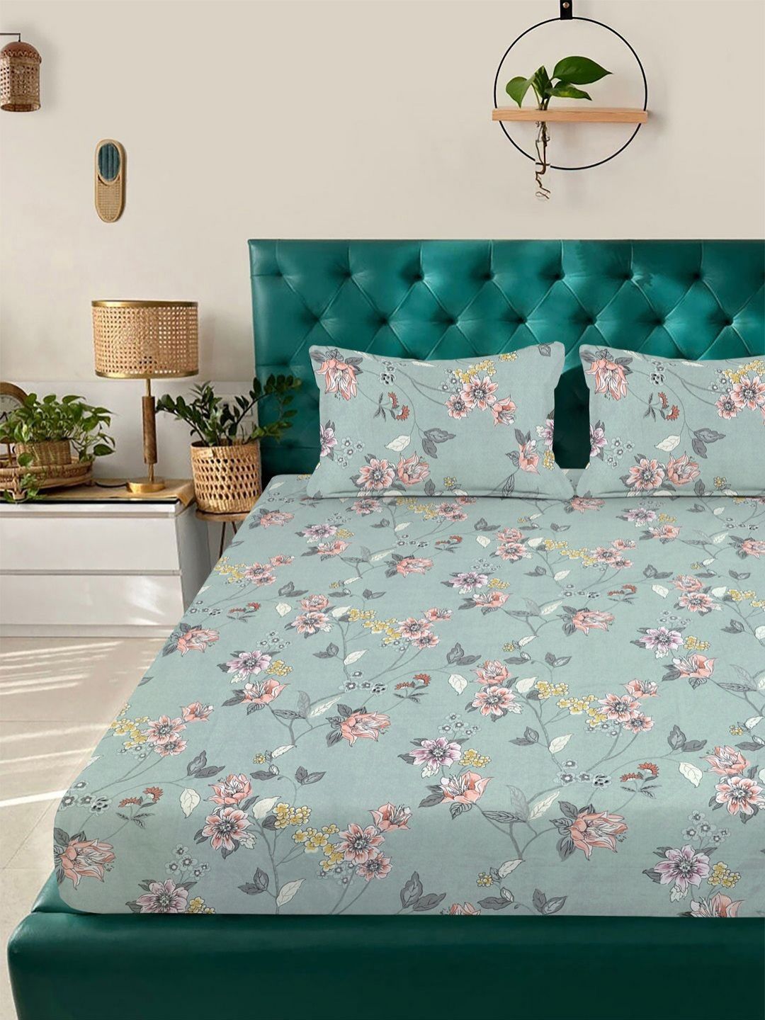 Aura Green Printed 300 TC Woolen King Bedsheet Set 2.50 m x2.25 m