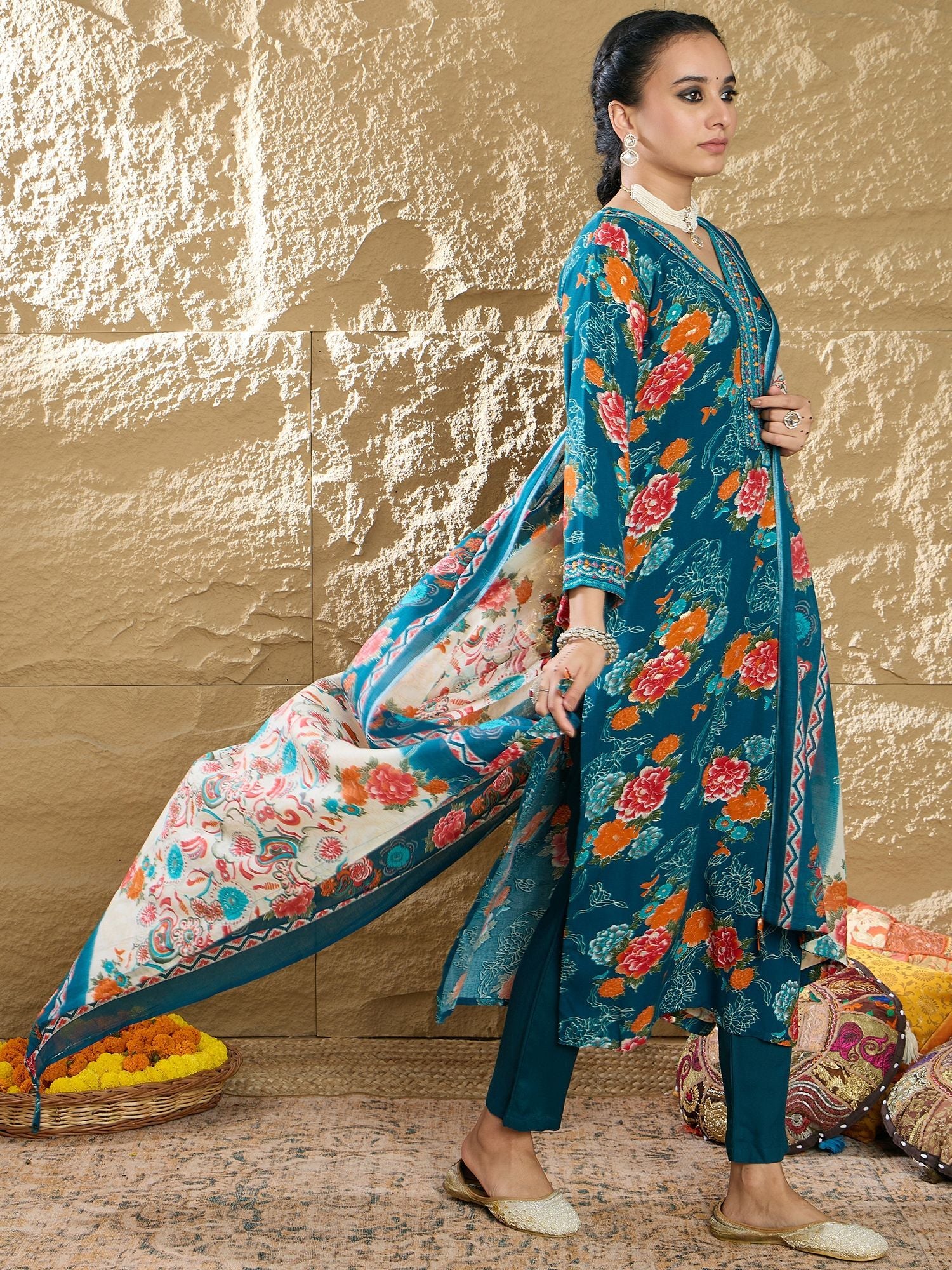 Indo Era Floral Printed Mirror Work V-Neck Straight Kurta With Trousers And Dupatta