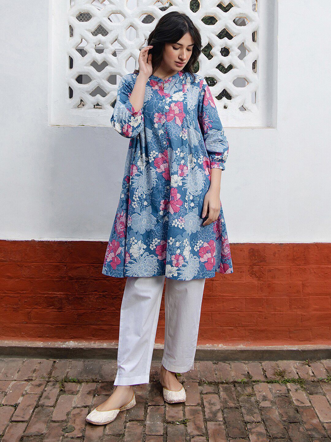 Janasya Floral Printed Mandarin Collar Pure Cotton Pleated A-Line Tunic