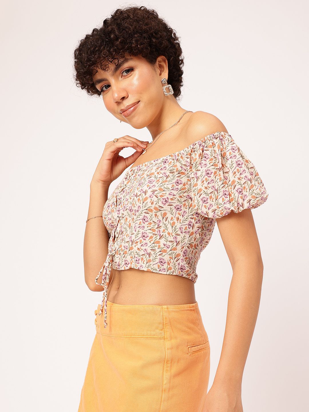 DressBerry Retro Revival Floral Print Off-Shoulder Puff Sleeve Bardot Crop Top