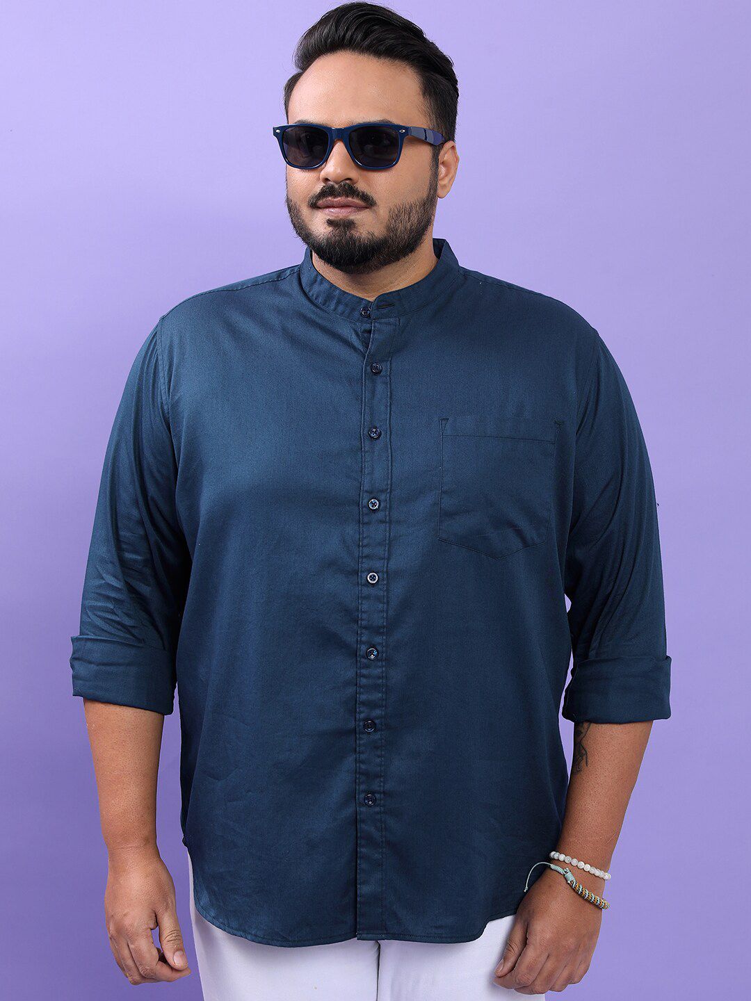 HIGHLANDER Plus Size Blue Band Collar Long Sleeves Cotton Casual Shirt