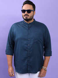 HIGHLANDER Plus Size Blue Band Collar Long Sleeves Cotton Casual Shirt