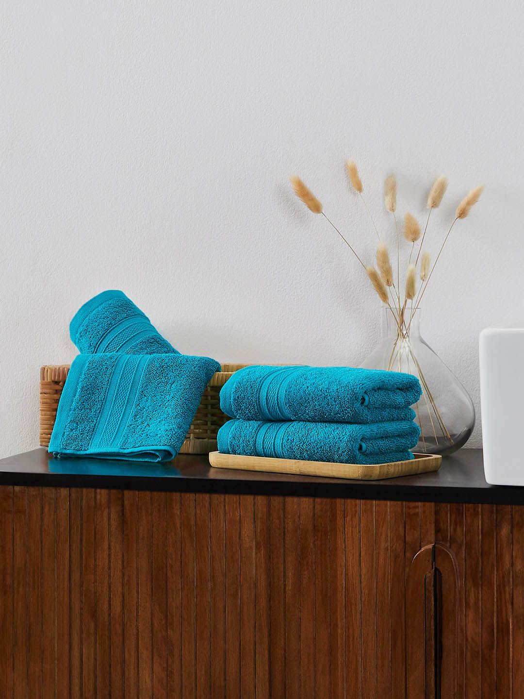 MYTRIDENT Teal Blue Set of 4 Soft  Plush Cotton Hand Towel