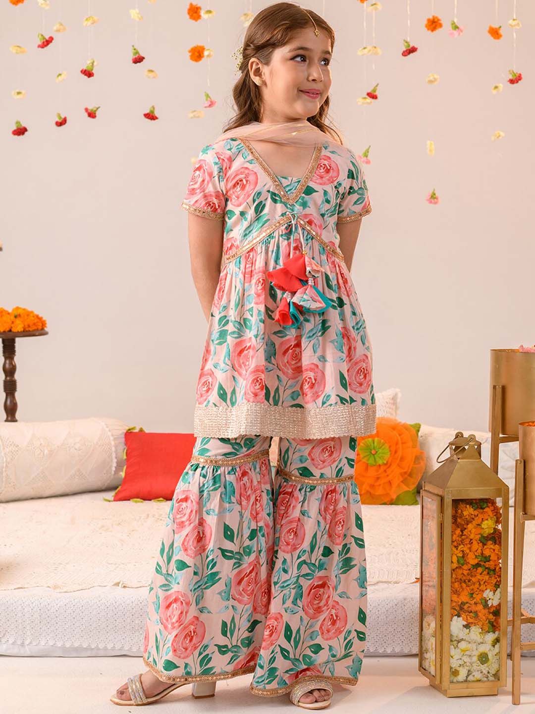 pspeaches Girls Floral Printed Regular Pure Cotton Kurta with Sharara & Dupatta