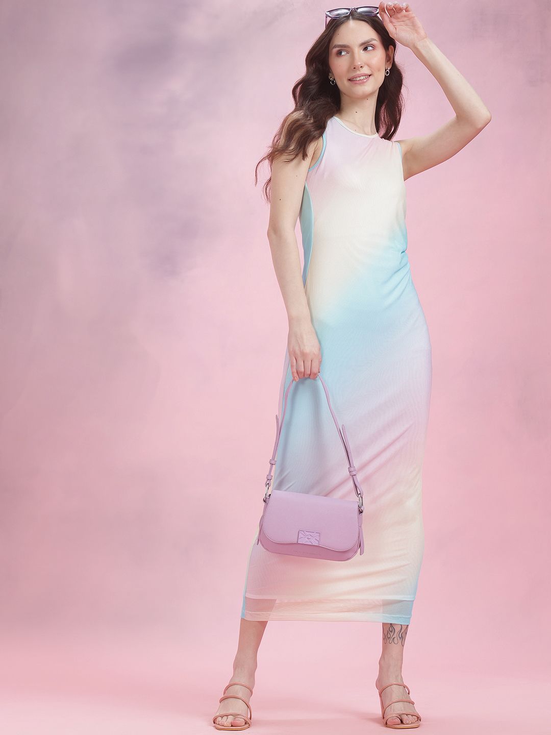 DressBerry Ruched Dyed Mesh Maxi Dress
