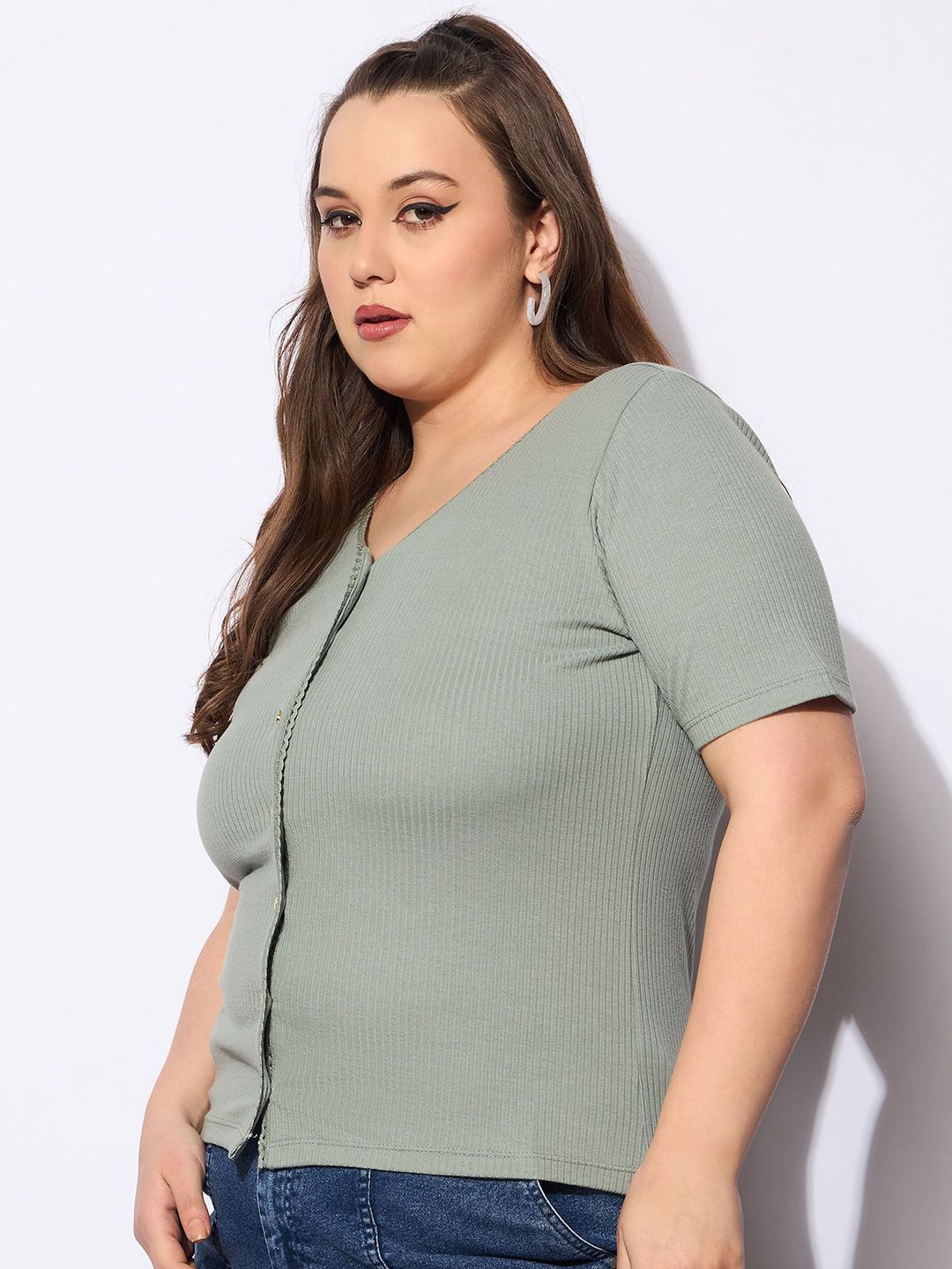 SASSAFRAS Curve Women Ribbed Ribbed V-Neck Top