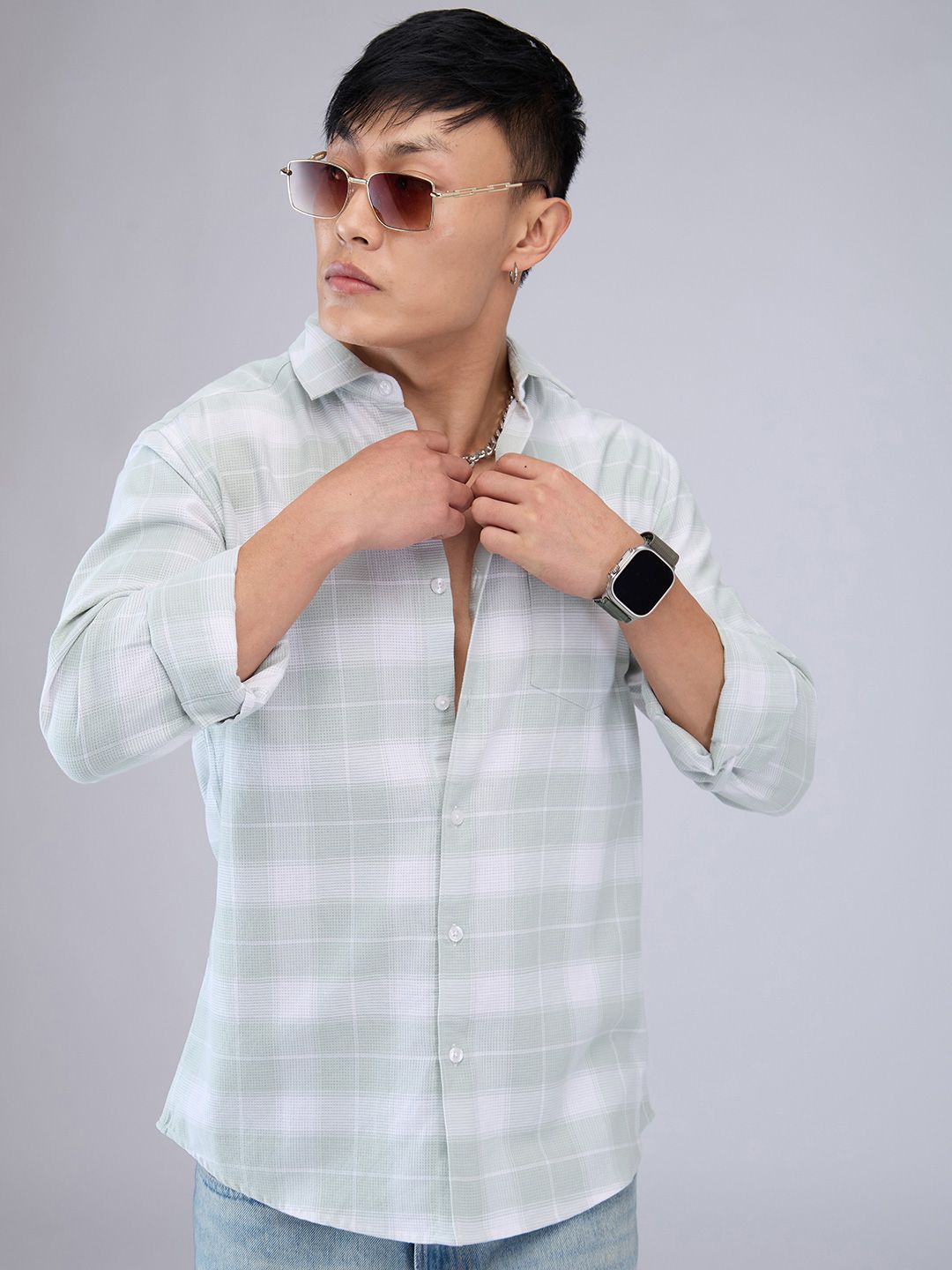VASTRADO Men Classic Cutaway Collar Tartan Checked Cotton Slim Fit Casual Shirt
