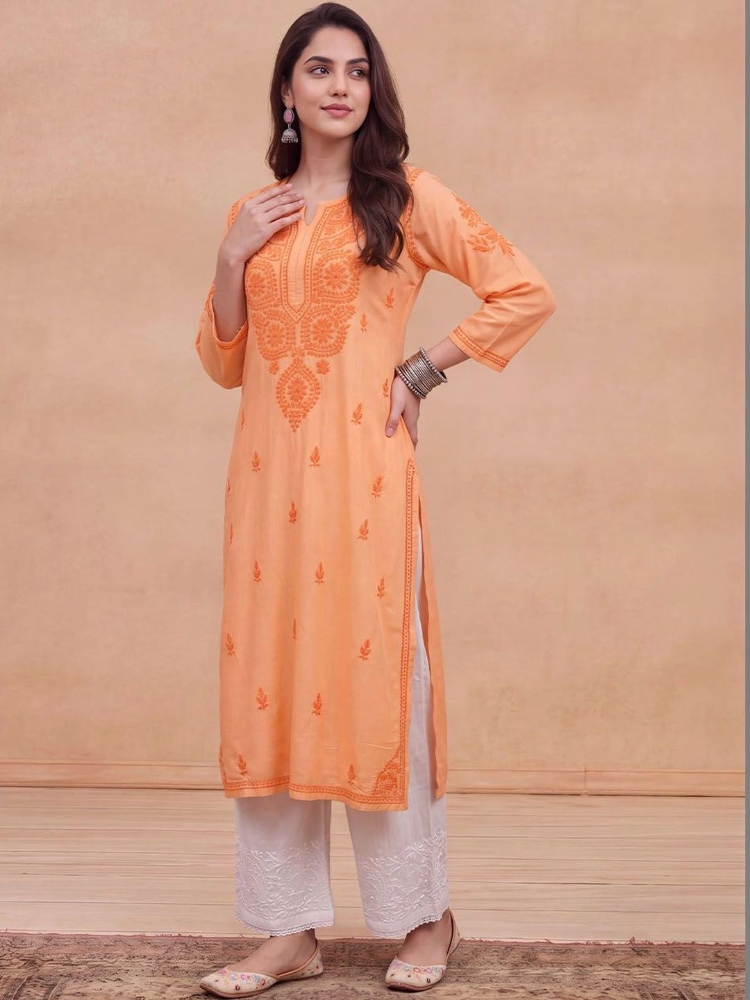 Rumah Wanita Chikankari Motif Etnik Sulam Benang Kerja Kurta