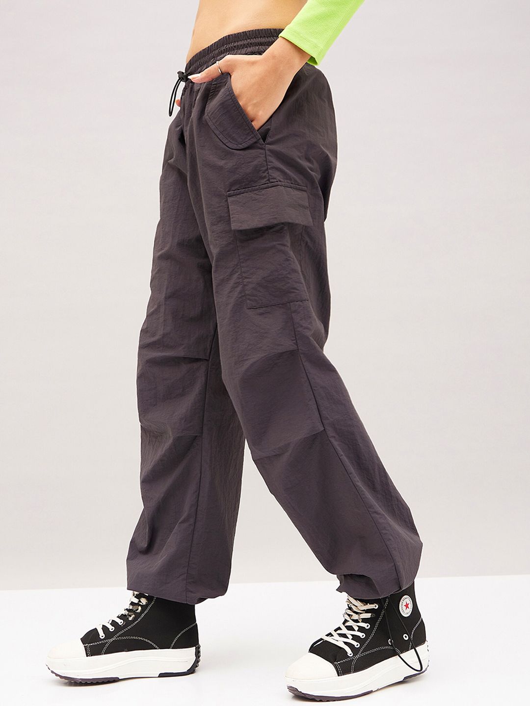 SASSAFRAS Grey Women Straight Fit Travel Features Parachute Cargos Trousers
