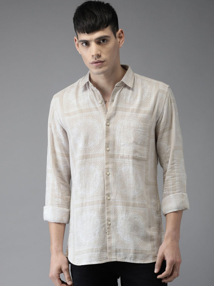 Bene Kleed Men Beige Slim Fit Self Design Casual Shirt